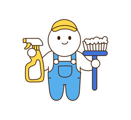 The character of a cleaner holding a cleaning tool.