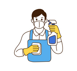 The character of a cleaner holding a cleaning tool.
