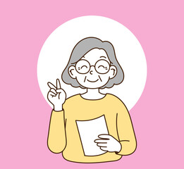 The old woman is holding a piece of document.