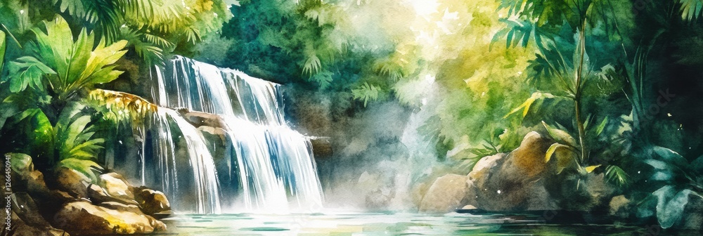 Poster serene waterfall cascading into a tranquil pool surrounded by lush tropical foliage during daytime. 