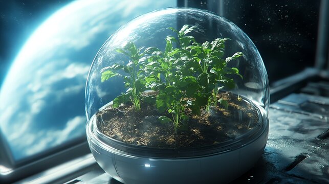 Plants Growing in a Dome with Earth in Background - Space Colonization