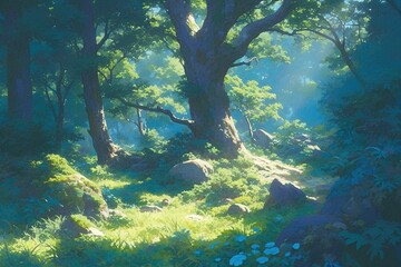 Sunlit forest path with lush green trees and undergrowth in daytime