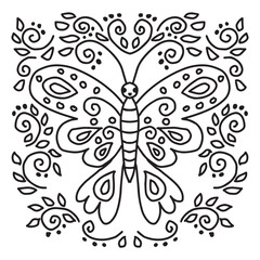 Butterfly coloring page for adults. Black and white illustration.