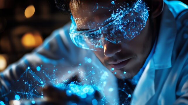 Innovative scientific research laboratory digital visualization high-tech environment close-up data analysis insights