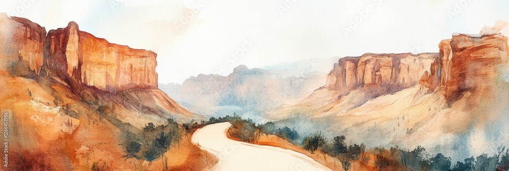 Poster serene hillside landscape along winding road surrounded by majestic cliffs and soft hues during twil