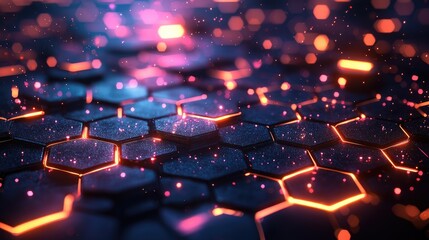 Abstract close-up of glowing hexagonal patterns on a dark surface with vibrant particles floating
