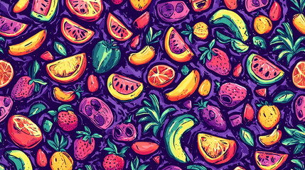 Fototapeta premium Tropical fruit pattern background, vibrant colors, summer design, food illustration, website design