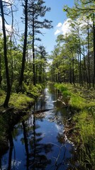 Fototapeta premium Serene Woodland Creek Reflecting Trees Tranquil Nature Scene Summer Sunlight