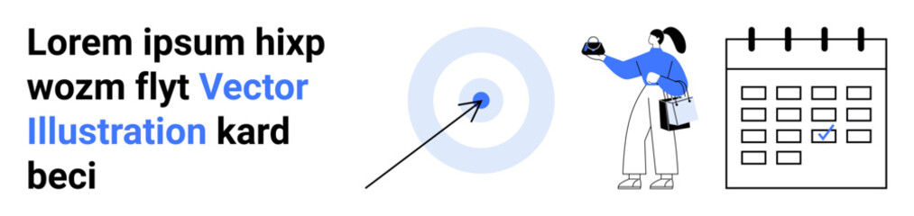 Woman holding a clipboard and magnifying glass near a target and calendar to symbolize goal achievement, productivity, and timelines. Ideal for business, strategy, organization, workflow, project