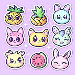 Fototapeta premium Cute cartoon animals and fruits stickers; pastel background; ideal for kids' products, social media, or websites