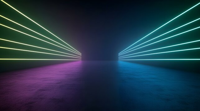 A dark, abstract scene features converging, parallel neon lines in cyan and lime green, casting vibrant reflections on a textured floor of purple and blue.
