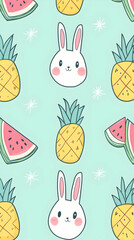 Cute bunny, watermelon, pineapple summer pattern; pastel background; ideal for phone wallpaper or textile design