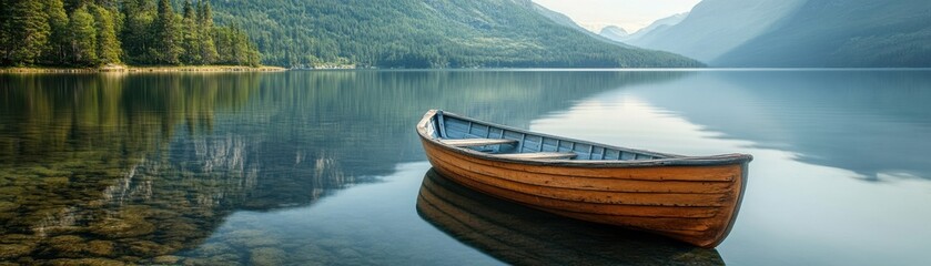Naklejka premium A serene wooden boat floats on a tranquil lake, surrounded by lush greenery and majestic mountains under a clear sky.