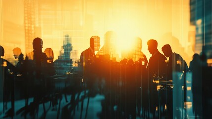 Obraz premium Dynamic backlit silhouettes of business professionals collaborating in a modern office with sunlight streaming through large windows, showcasing teamwork, corporate synergy, and a productive workplace