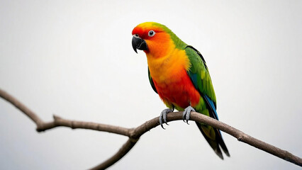 Obraz premium Vibrant conure perched on a branch. The parrot's plumage displays orange, yellow, and green hues.