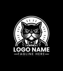 Grumpy Hipster Cat Logo Design, Sourpuss Cat Logo, Moody Feline Logo, Hipster Kitty Logo, Coffee Shop Cat Mascot