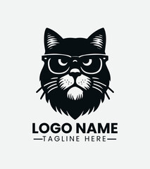Grumpy Hipster Cat Logo Design, Sourpuss Cat Logo, Moody Feline Logo, Hipster Kitty Logo, Coffee Shop Cat Mascot