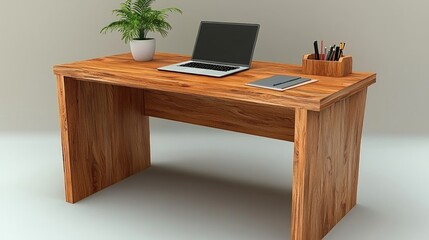 Modern wooden desk with laptop, notebook, and plant in home office setting