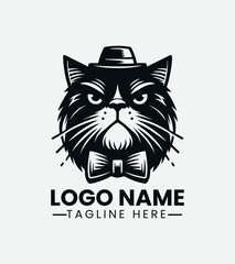 Grumpy Hipster Cat Logo Design, Sourpuss Cat Logo, Moody Feline Logo, Hipster Kitty Logo, Coffee Shop Cat Mascot