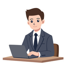 Professional Man in Suit Working on Laptop Cartoon Illustration.eps
