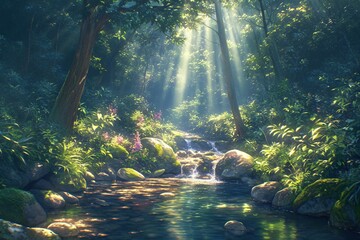 Sunlit stream flows in forest with plants, moss, light rays