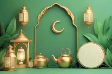 Obraz premium Traditional elements concept. Placard with ketupat, golden lantern, crescent, beautiful kettle, and bedug with generative ai