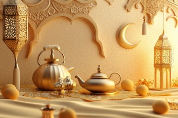 Traditional elements concept. Placard with ketupat, golden lantern, crescent, beautiful kettle, and bedug with generative ai