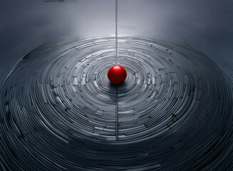 A red sphere dominates the center, contrasting with the textured, circular background. A vertical...