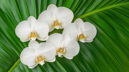 Cluster of delicate white orchids resting on vibrant green palm leaves showcasing tropical beauty, copy space for placing text. © Anbu
