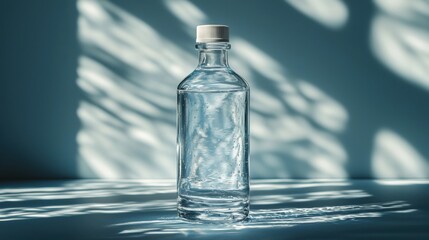 Bottle of water placed on a wooden table with natural lighting and a minimalistic background