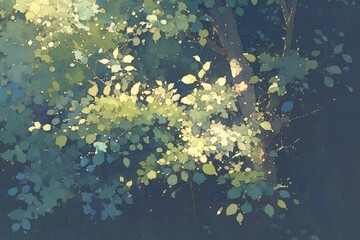 Sunlit tree leaves, dark background, stock use, soft light