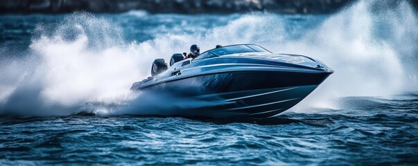 Fototapeta premium A sleek speedboat races across vibrant blue waters, creating splashes and showcasing its power and agility against a scenic backdrop.