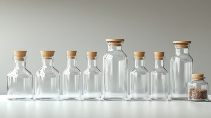 Row of glass bottles with cork lids arranged on a wooden surface in a bright setting