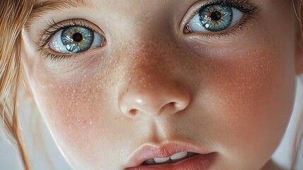 Naklejka premium Close up portrait of a young girl with freckles and blue eyes