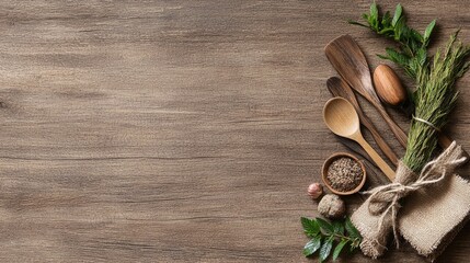 Wooden kitchen utensils, herbs, spices on table.  Food blog, recipe website