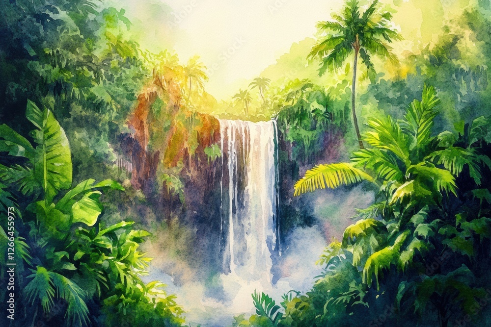 Leinwandbilder serene waterfall cascading through lush tropical vegetation under soft sunlight in a tranquil wilder