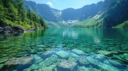 Serene mountain lake reflecting clear blue skies and lush green hills, with rocky shoreline