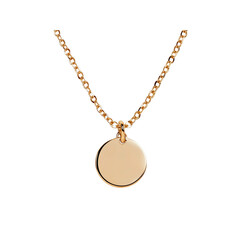A gold pendant necklace featuring a smooth round charm suspended from a delicate chain.