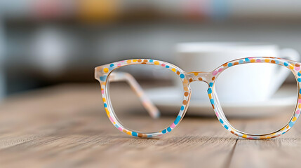 Colorful glasses on wooden table, coffee cup blurred background. Lifestyle photo