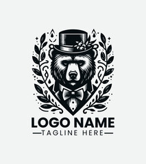 Gentleman Bear Logo Design, Sophisticated Bear Logo, Dapper Bear Mascot, Bearded Bear Logo, Forest Gentleman Logo