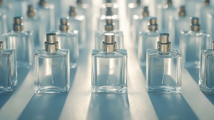 Row of glass bottles with silver caps arranged neatly on a wooden surface for display and storage purposes