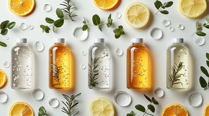 Group of assorted bottles filled with liquid lemons and fresh herbs on a wooden surface