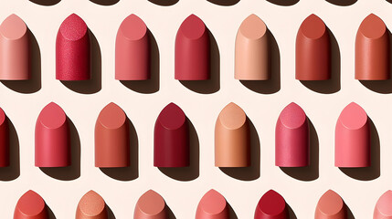 Obraz premium Lipstick shades arranged on beige background, beauty product flatlay, cosmetic texture, makeup assortment, perfect for advertising