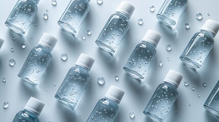 Collection of water bottles with condensation and water droplets on the surface in a bright environment