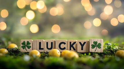  St. Patrick's Day theme A lucky idea featuring golden coins, a four-leaf clover, and Scrabble letter tiles on a dark background with bokeh lights
