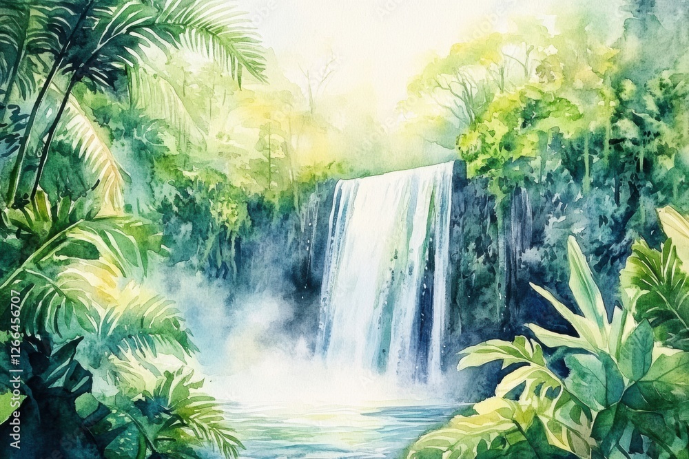 Poster waterfall cascading through lush green vegetation in a serene tropical setting during the day. gener
