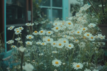 White chamomile flowers outdoors in the garden. Blooming chamomile field with genrative ai