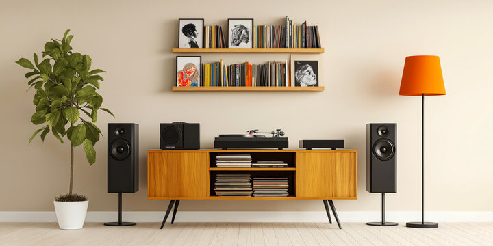 Modern vintage music room with turntable, vinyl records, speakers, and stylish wooden furniture