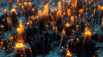 Fototapeta premium Intense orange glows illuminate a dark abstract landscape of towering digital structures. AI Generated