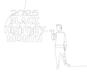 One continuous line of Man pointing with finger at Black History Month 2025. Thin Line Illustration vector concept. Contour Drawing Creative ideas.